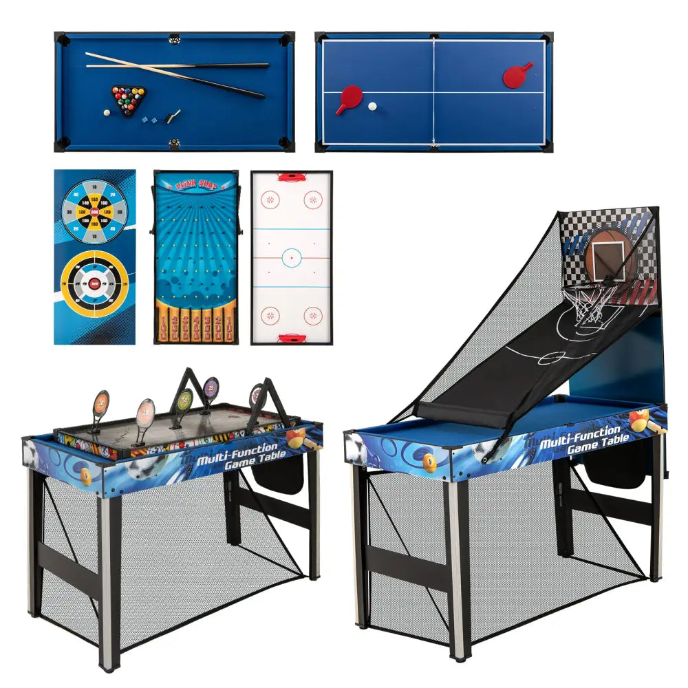 10-in-1 Combo Game Table Set with Table Tennis Basketball Soccer-Blue - Blue - Game Room
