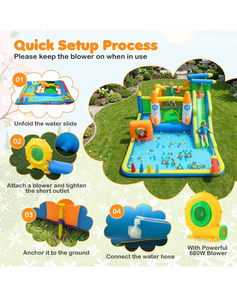 10-in-1 Inflatable Bounce House with Water Slide and 680W Blower for Kids - Bounce House