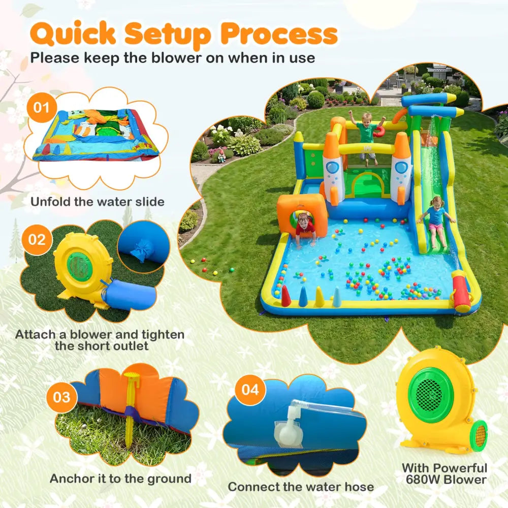 10-in-1 Inflatable Bounce House with Water Slide and 680W Blower for Kids - Bounce House