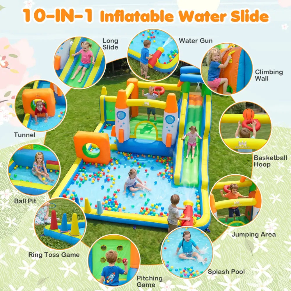 10-in-1 Inflatable Bounce House with Water Slide and 680W Blower for Kids - Bounce House