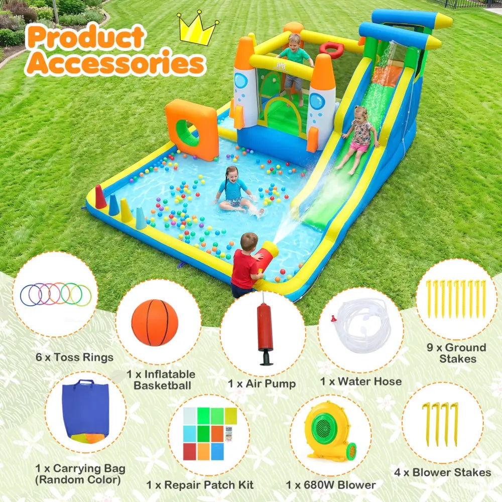 10-in-1 Inflatable Bounce House with Water Slide and 680W Blower for Kids - Bounce House