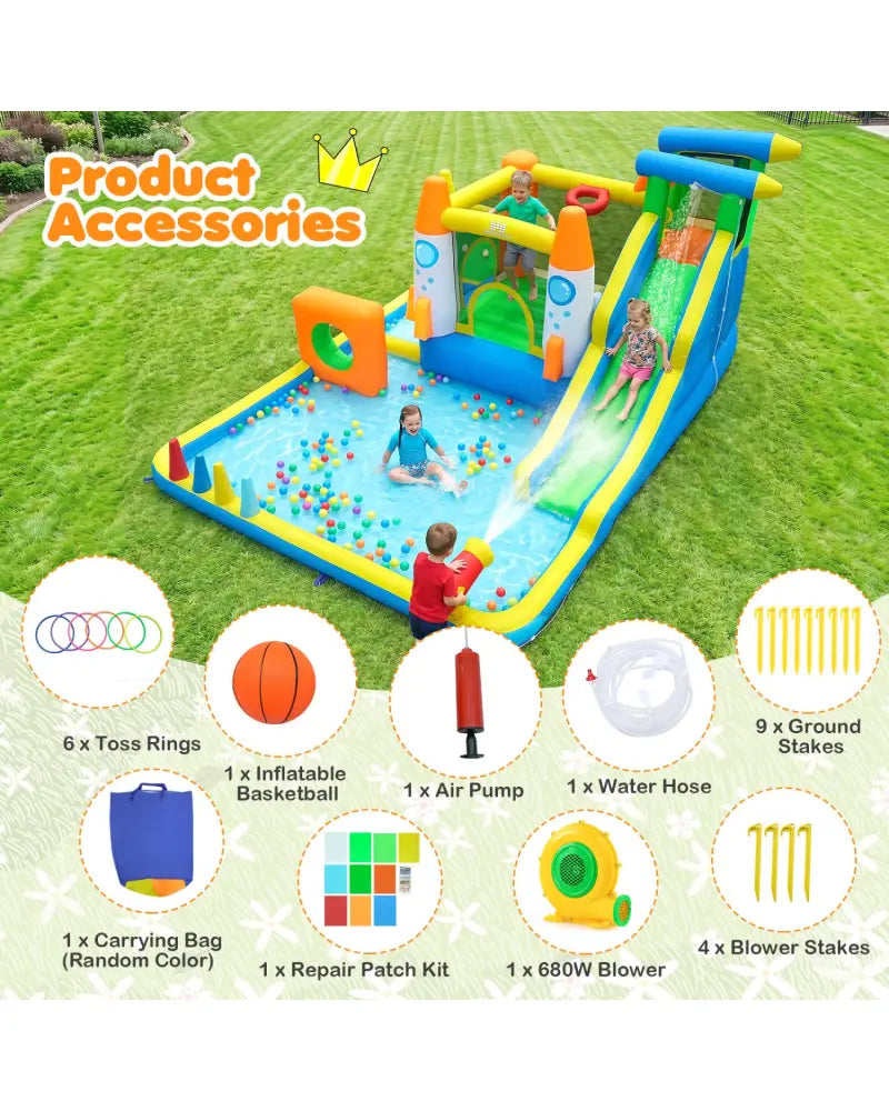 10-in-1 Inflatable Bounce House with Water Slide and 680W Blower for Kids - Bounce House