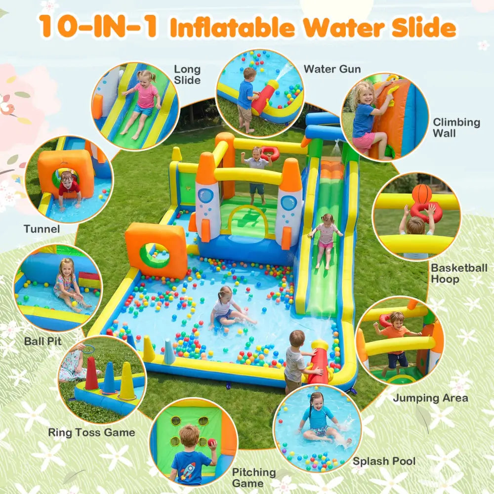 10-in-1 Inflatable Bounce House with Water Slide for Kids without Blower - Inflatable Water Slides