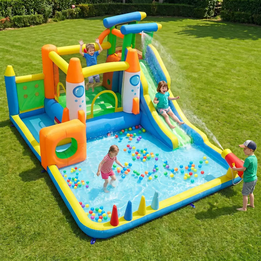 10-in-1 Inflatable Bounce House with Water Slide for Kids without Blower - Inflatable Water Slides