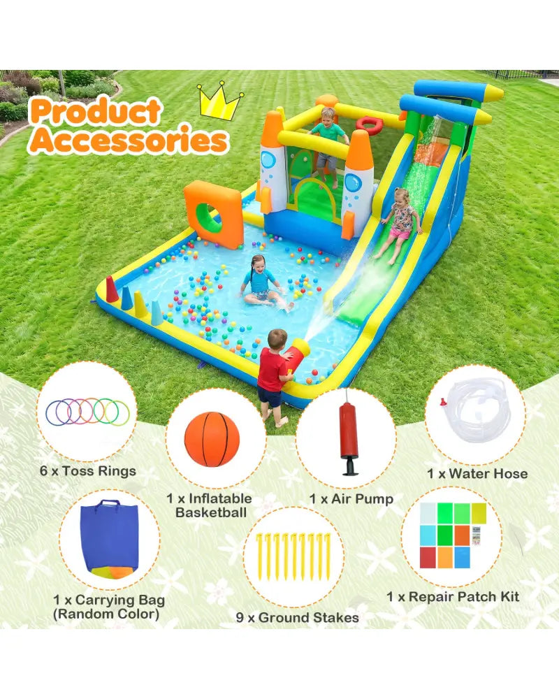 10-in-1 Inflatable Bounce House with Water Slide for Kids without Blower - Inflatable Water Slides