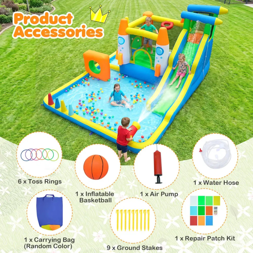 10-in-1 Inflatable Bounce House with Water Slide for Kids without Blower - Inflatable Water Slides