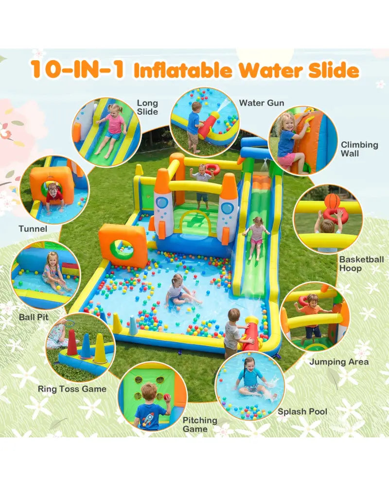 10-in-1 Inflatable Bounce House with Water Slide for Kids without Blower - Inflatable Water Slides
