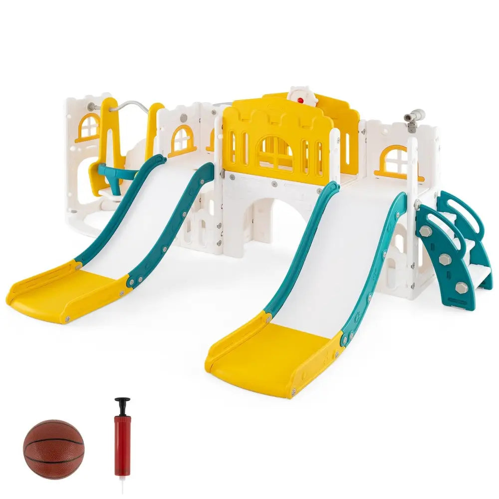 10 - in - 1 Toddler Slide and Swing Set with Double Slides and Tunnel - Yellow - Oasis Home Essentials