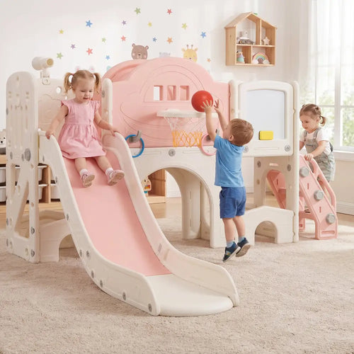 10 in 1 Toddler Slide Set Kids Slide and Climber Playset Indoor Playground-Pink - Pink - Climbers & Slides