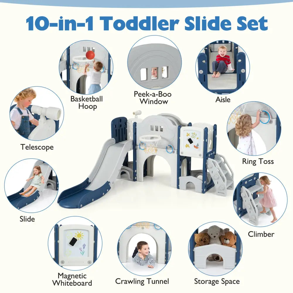 10 in 1 Toddler Slide Set Kids Slide and Climber Playset Indoor Playground-Blue - Blue - Climbers & Slides