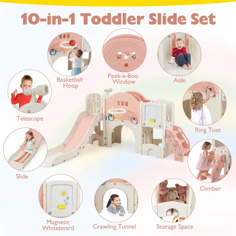 10 in 1 Toddler Slide Set Kids Slide and Climber Playset Indoor Playground-Pink - Pink - Climbers & Slides
