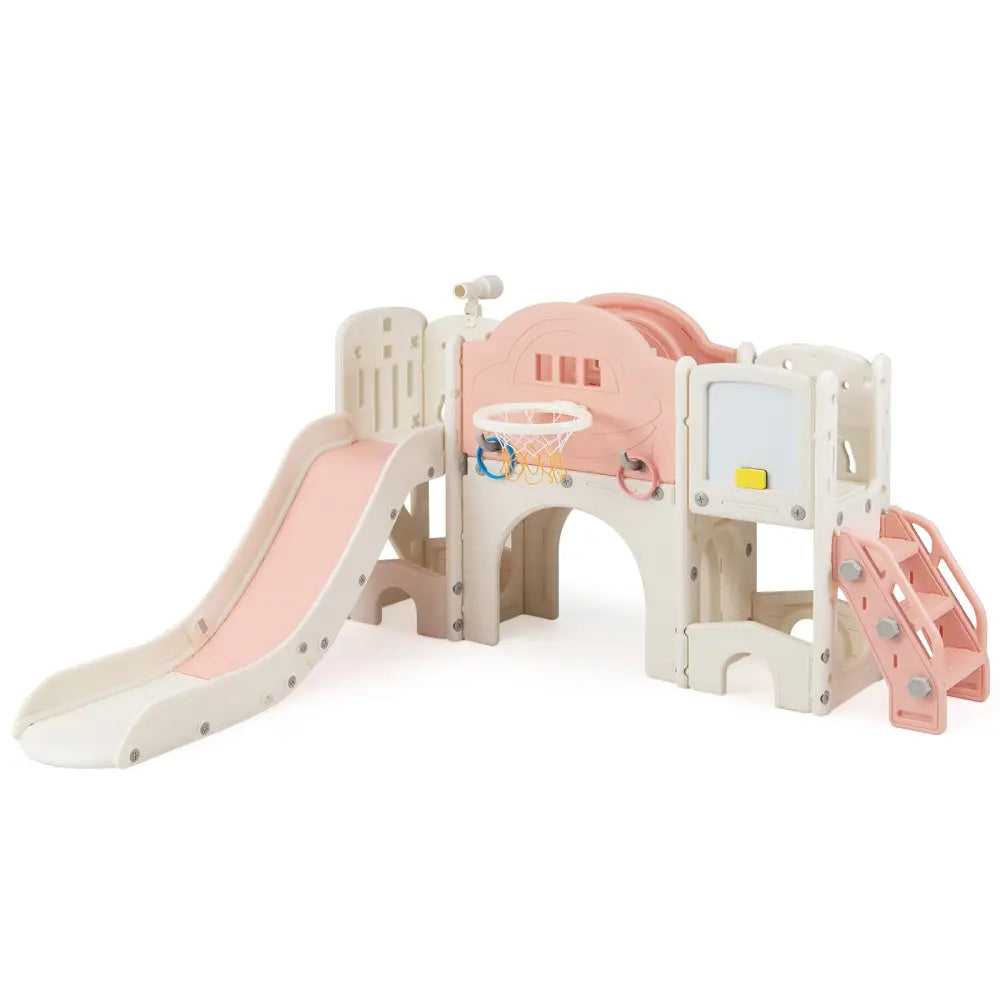 10 in 1 Toddler Slide Set Kids Slide and Climber Playset Indoor Playground-Pink - Pink - Climbers & Slides