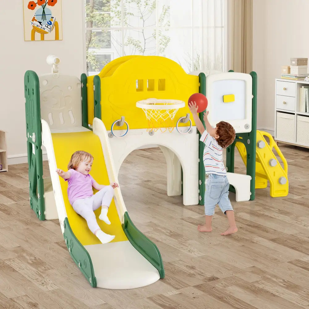 10 in 1 Toddler Slide Set Kids Slide and Climber Playset Indoor Playground-Yellow - Yellow - Climbers & Slides