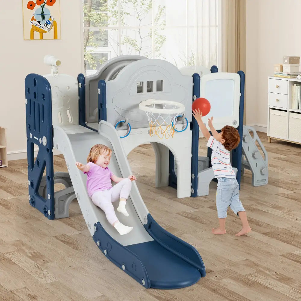 10 in 1 Toddler Slide Set Kids Slide and Climber Playset Indoor Playground-Blue - Blue - Climbers & Slides