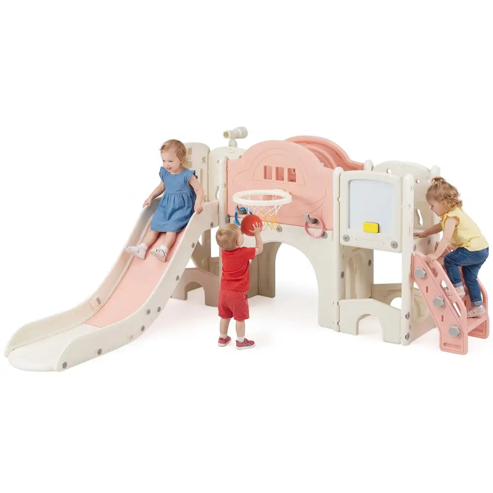 10 in 1 Toddler Slide Set Kids Slide and Climber Playset Indoor Playground-Pink - Pink - Climbers & Slides
