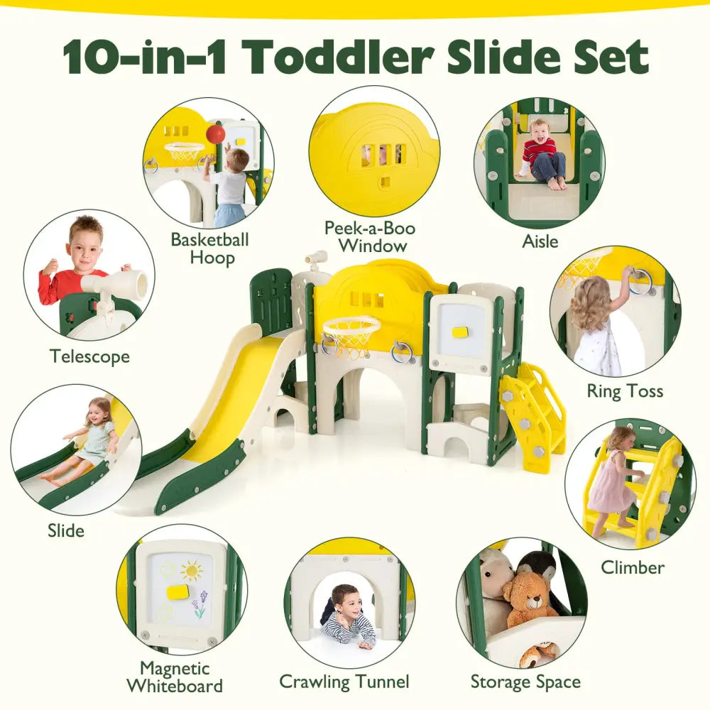 10 in 1 Toddler Slide Set Kids Slide and Climber Playset Indoor Playground-Yellow - Yellow - Climbers & Slides