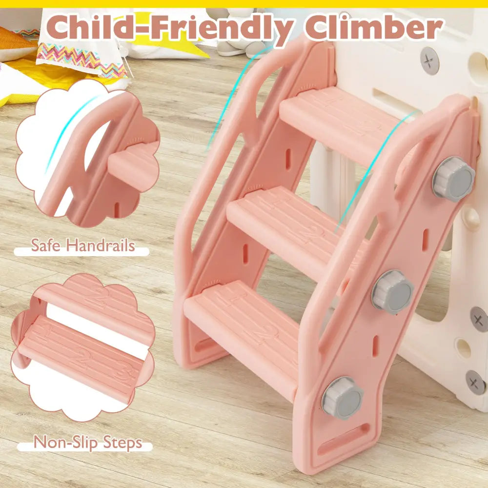 10 in 1 Toddler Slide Set Kids Slide and Climber Playset Indoor Playground-Pink - Pink - Climbers & Slides
