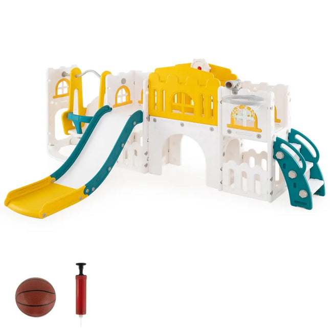 10-in-1 Toddler Swing and Slide Set Climber Playset with Basketball Hoop-Yellow - Yellow - Climbers & Slides