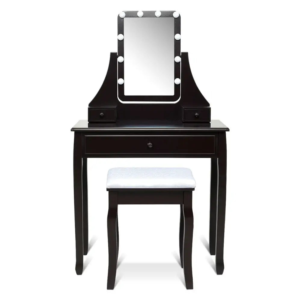 10 LED Lighted Mirror and 3 Drawers Vanity Table Set-Brown - Brown - Makeup Vanities