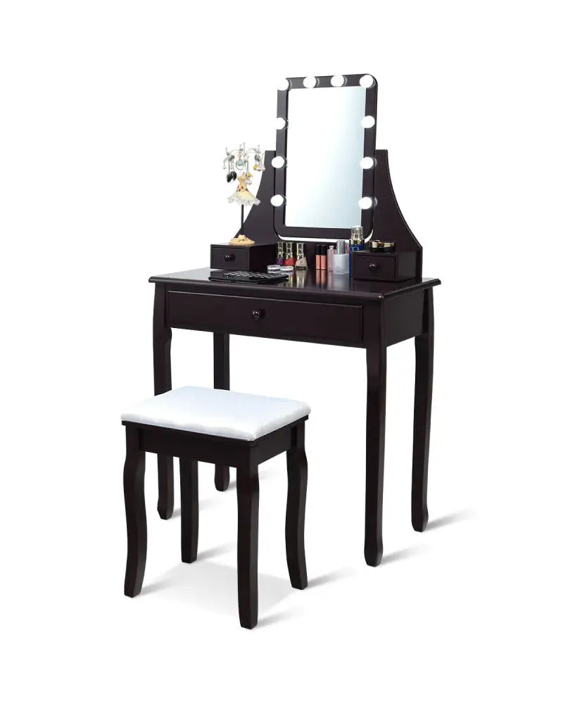 10 LED Lighted Mirror and 3 Drawers Vanity Table Set-Brown - Brown - Makeup Vanities