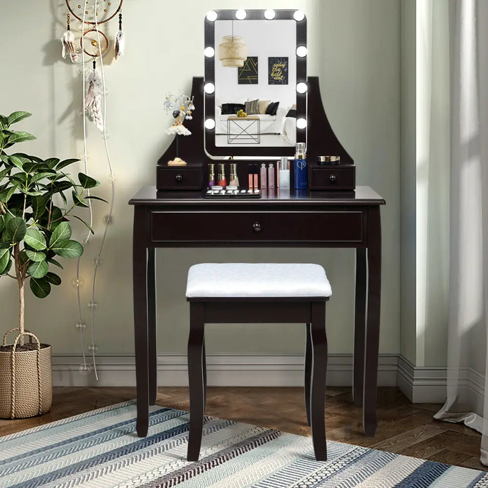 10 LED Lighted Mirror and 3 Drawers Vanity Table Set-Brown - Brown - Makeup Vanities