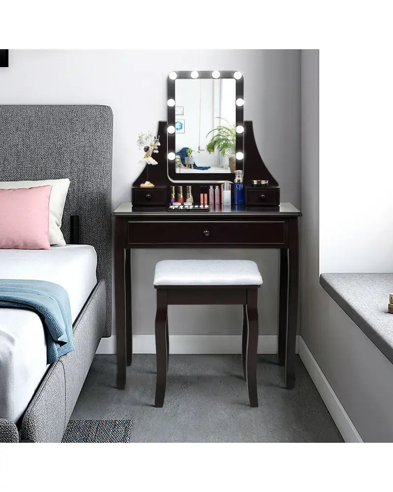 10 LED Lighted Mirror and 3 Drawers Vanity Table Set-Brown - Brown - Makeup Vanities