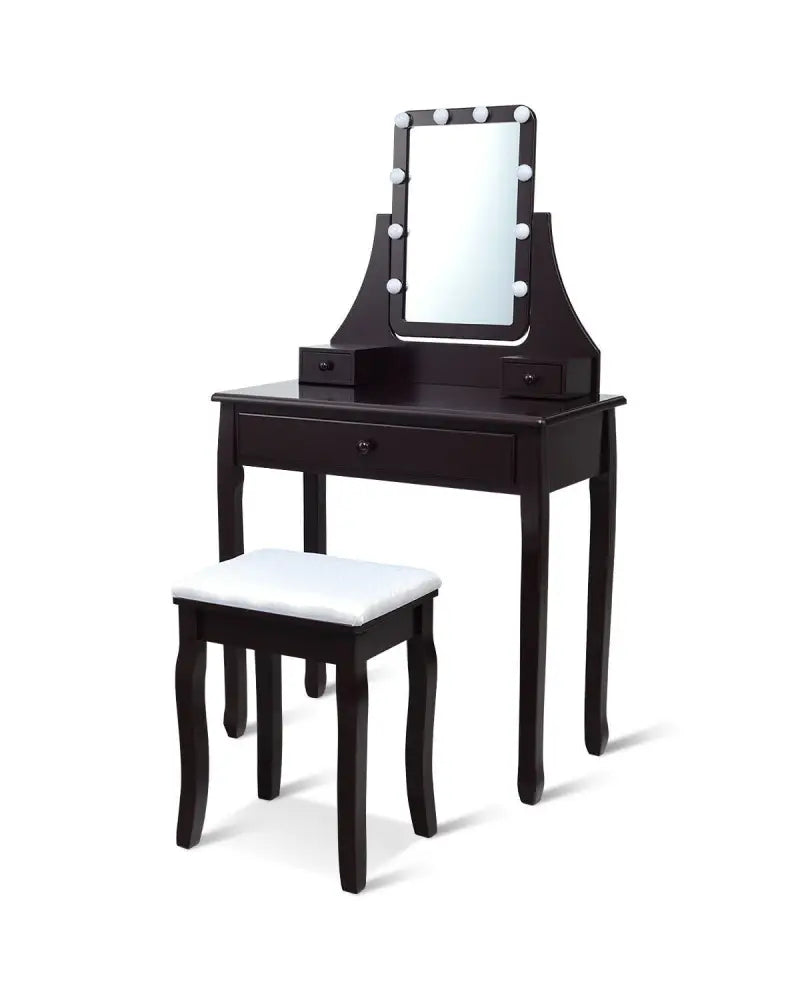 10 LED Lighted Mirror and 3 Drawers Vanity Table Set-Brown - Brown - Makeup Vanities
