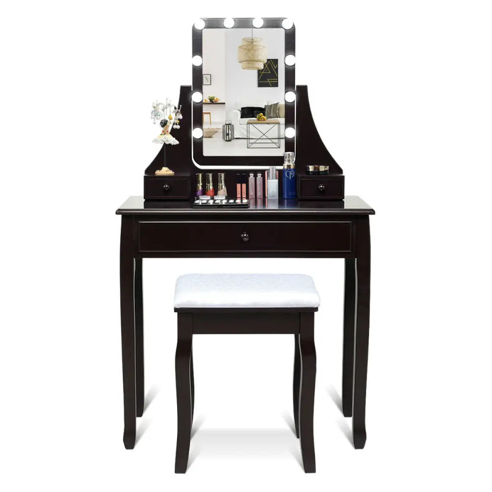10 LED Lighted Mirror and 3 Drawers Vanity Table Set-Brown - Brown - Makeup Vanities