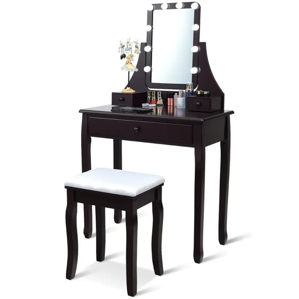 10 LED Lighted Mirror and 3 Drawers Vanity Table Set-Brown - Brown - Makeup Vanities