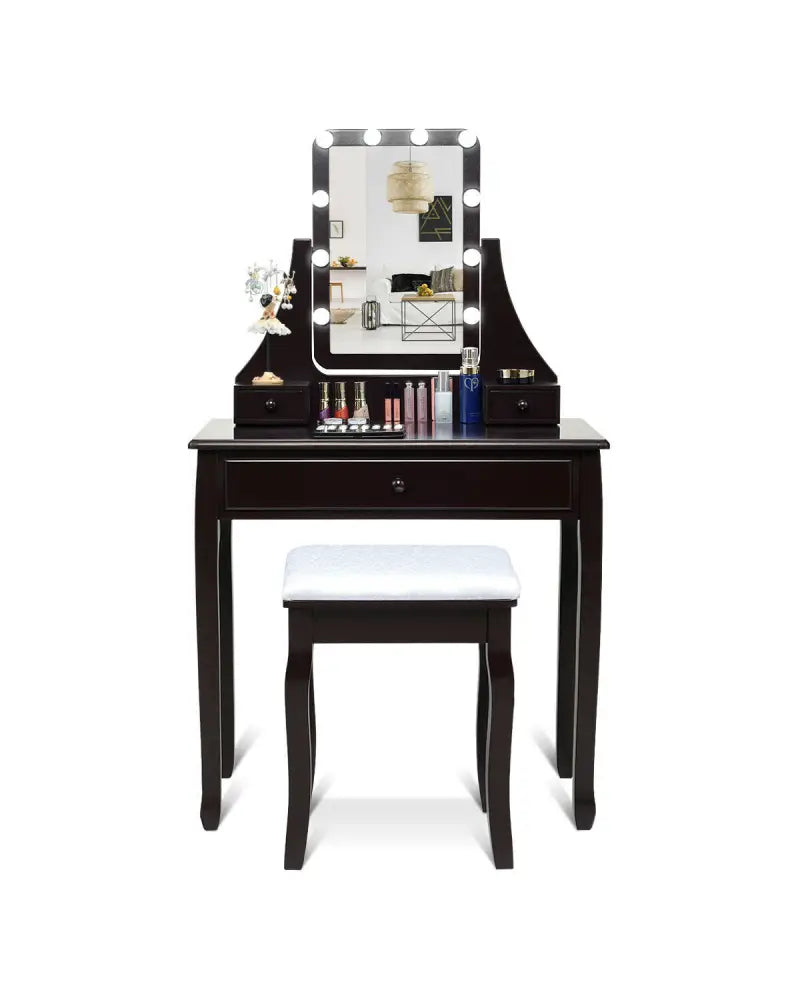 10 LED Lighted Mirror and 3 Drawers Vanity Table Set-Brown - Brown - Makeup Vanities