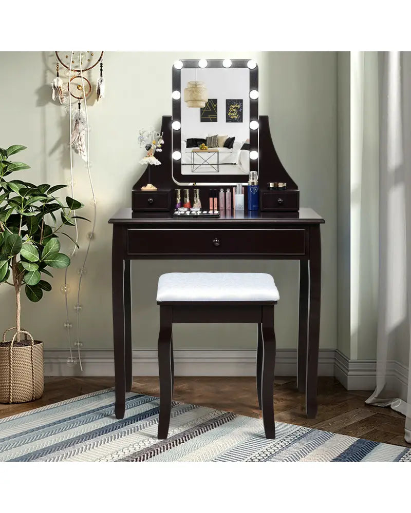 10 LED Lighted Mirror and 3 Drawers Vanity Table Set-Brown - Brown - Makeup Vanities