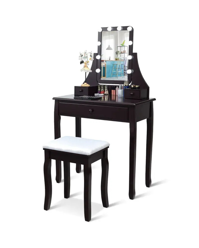 10 LED Lighted Mirror and 3 Drawers Vanity Table Set-Brown - Brown - Makeup Vanities