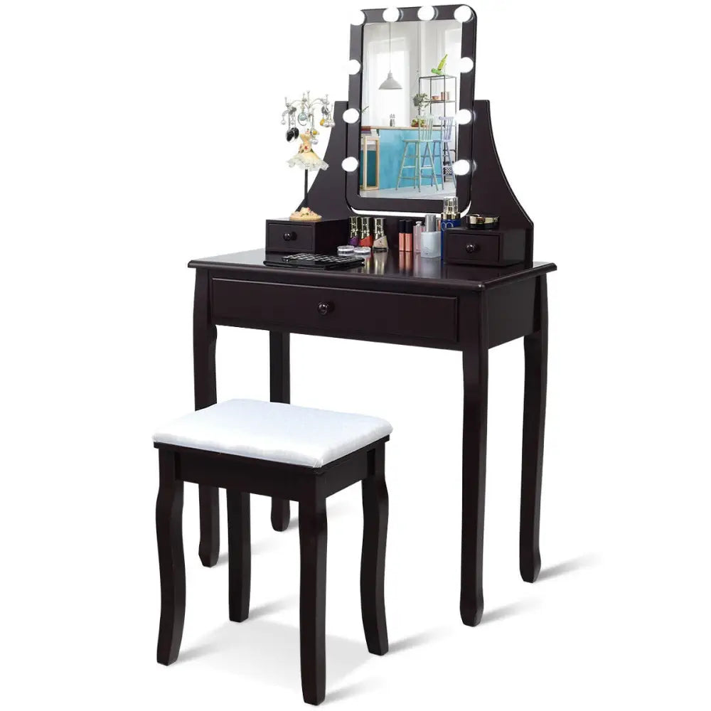 10 LED Lighted Mirror and 3 Drawers Vanity Table Set-Brown - Brown - Makeup Vanities