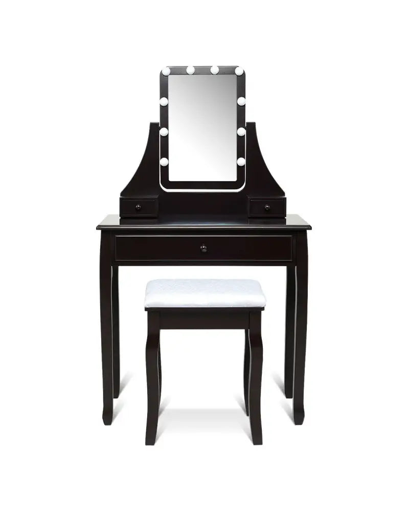 10 LED Lighted Mirror and 3 Drawers Vanity Table Set-Brown - Brown - Makeup Vanities