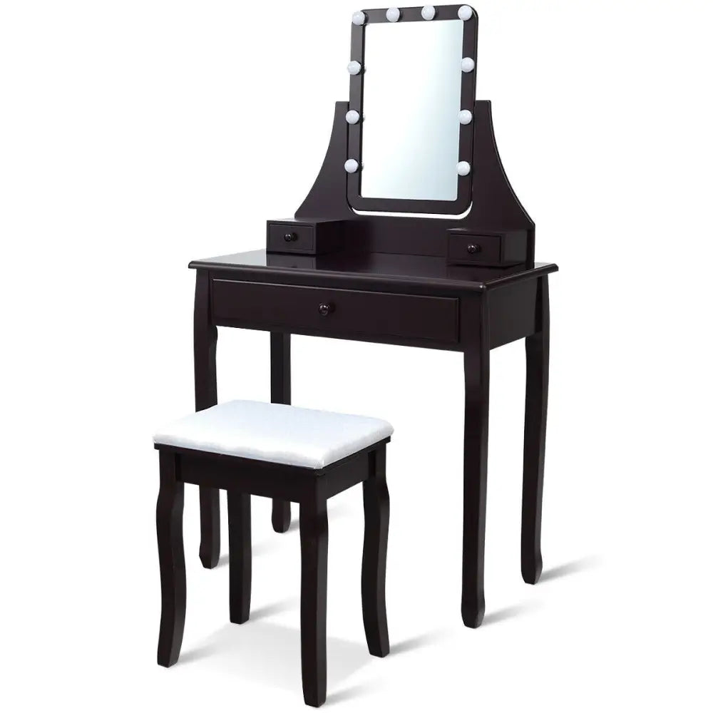 10 LED Lighted Mirror and 3 Drawers Vanity Table Set-Brown - Brown - Makeup Vanities