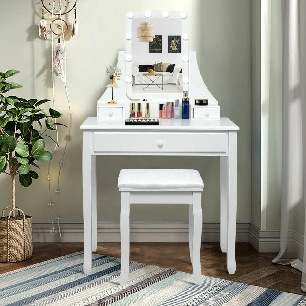 10 LED Lighted Mirror and 3 Drawers Vanity Table Set-White - White - Makeup Vanities