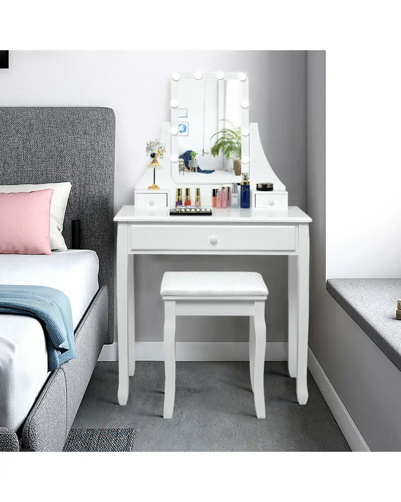 10 LED Lighted Mirror and 3 Drawers Vanity Table Set-White - White - Makeup Vanities
