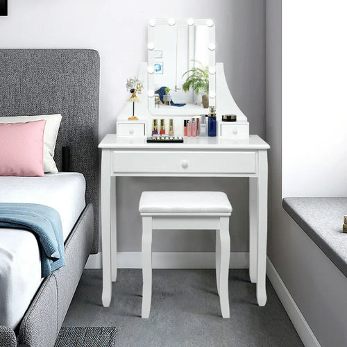 10 LED Lighted Mirror and 3 Drawers Vanity Table Set-White - White - Makeup Vanities
