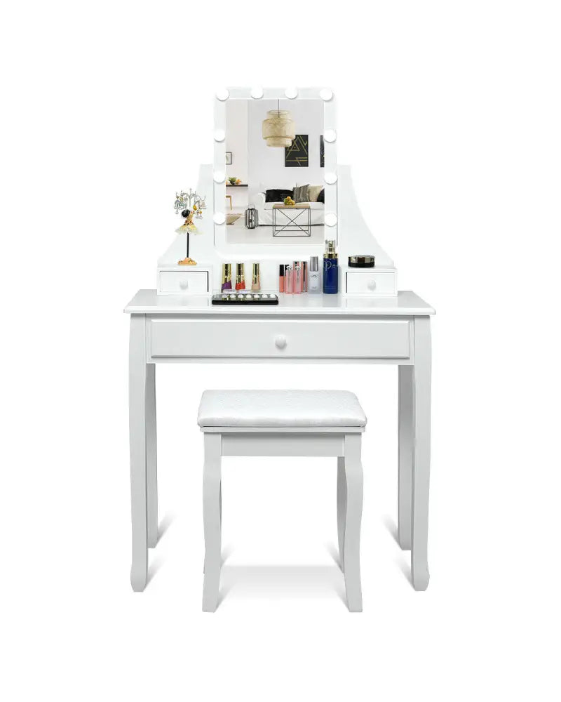 10 LED Lighted Mirror and 3 Drawers Vanity Table Set-White - White - Makeup Vanities
