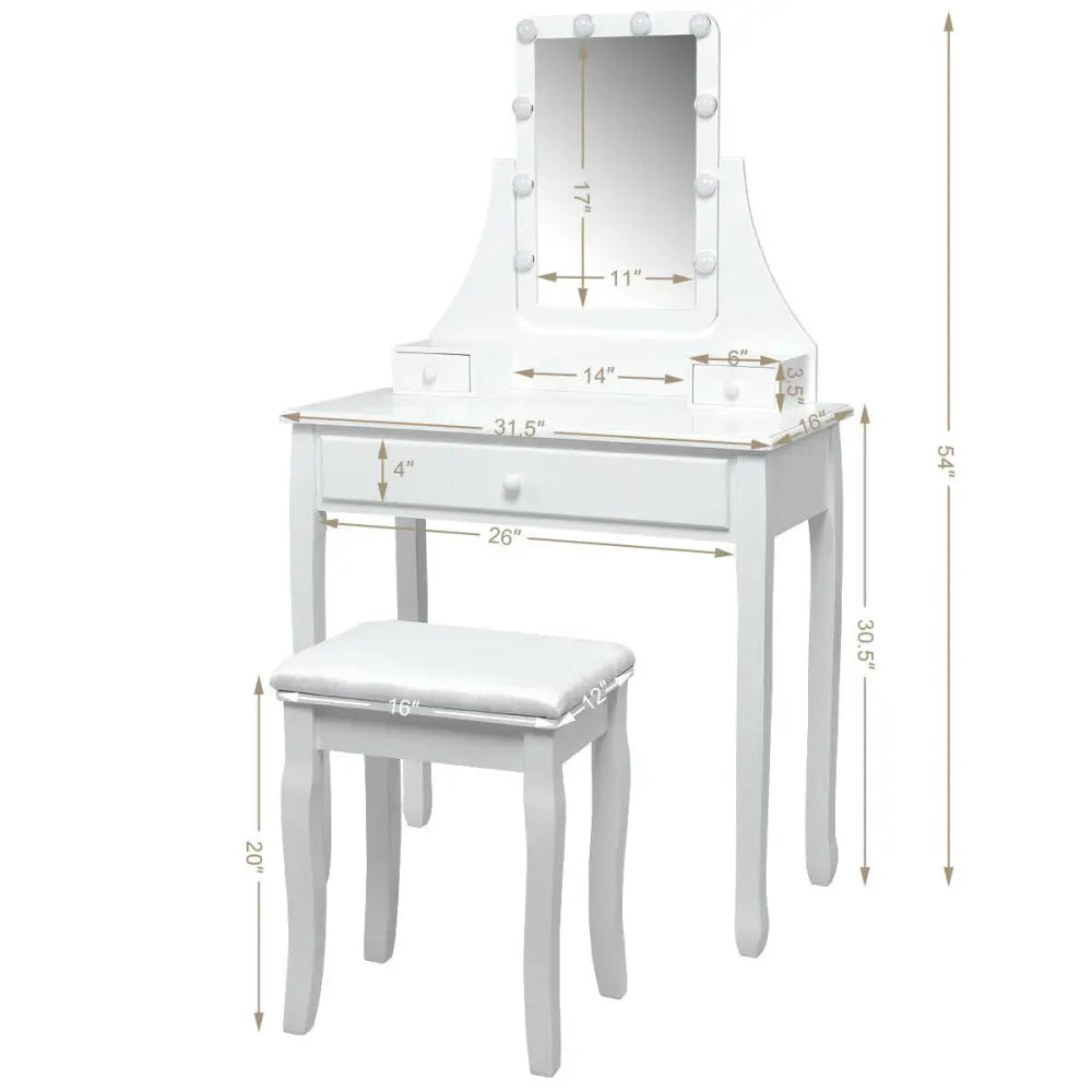 10 LED Lighted Mirror and 3 Drawers Vanity Table Set-White - White - Makeup Vanities