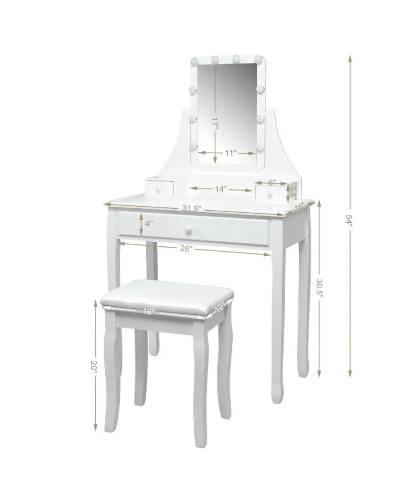 10 LED Lighted Mirror and 3 Drawers Vanity Table Set-White - White - Makeup Vanities
