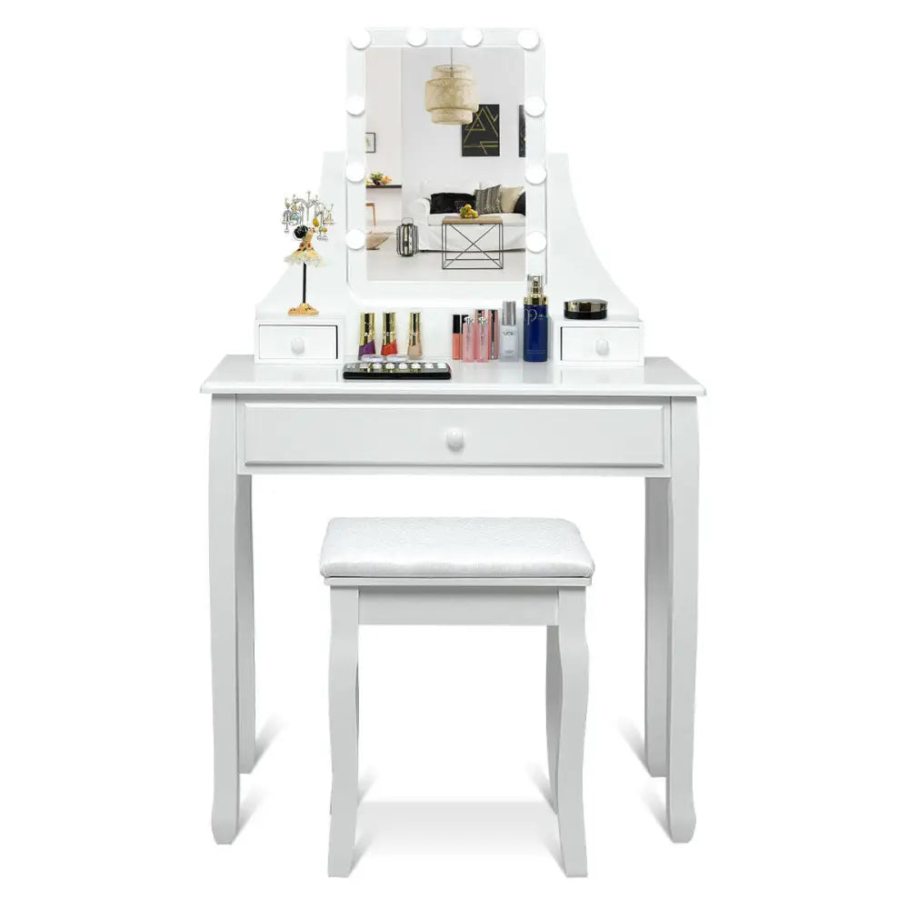 10 LED Lighted Mirror and 3 Drawers Vanity Table Set-White - White - Makeup Vanities
