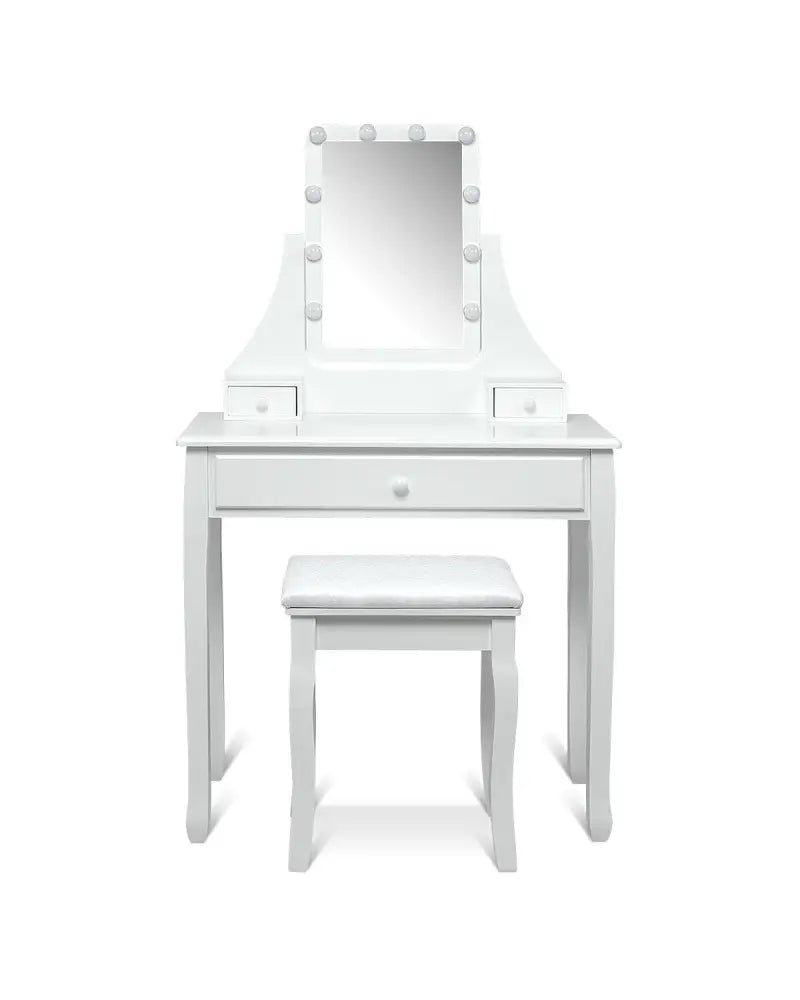 10 LED Lighted Mirror and 3 Drawers Vanity Table Set-White - White - Makeup Vanities