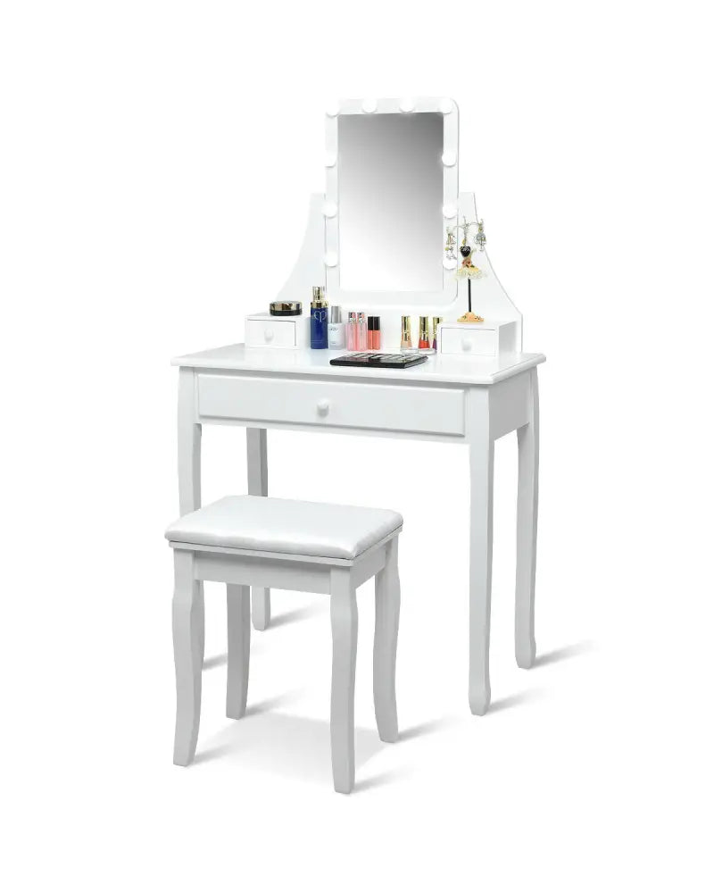 10 LED Lighted Mirror and 3 Drawers Vanity Table Set-White - White - Makeup Vanities