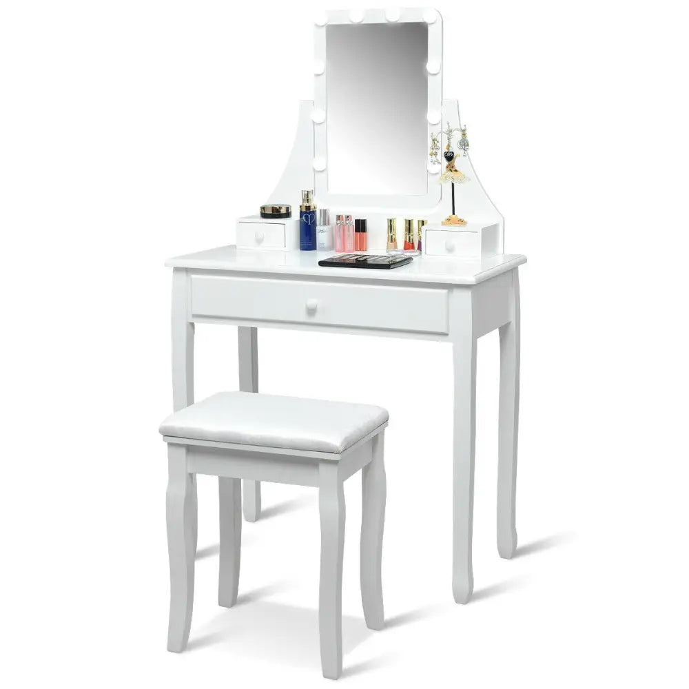 10 LED Lighted Mirror and 3 Drawers Vanity Table Set-White - White - Makeup Vanities