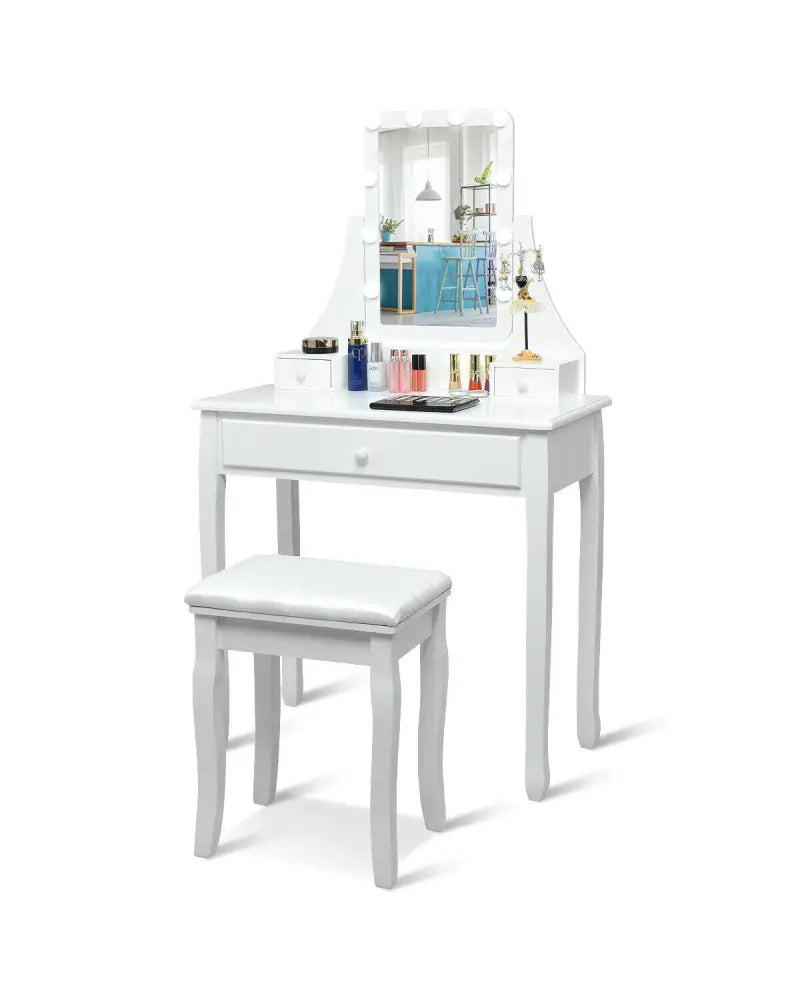 10 LED Lighted Mirror and 3 Drawers Vanity Table Set-White - White - Makeup Vanities