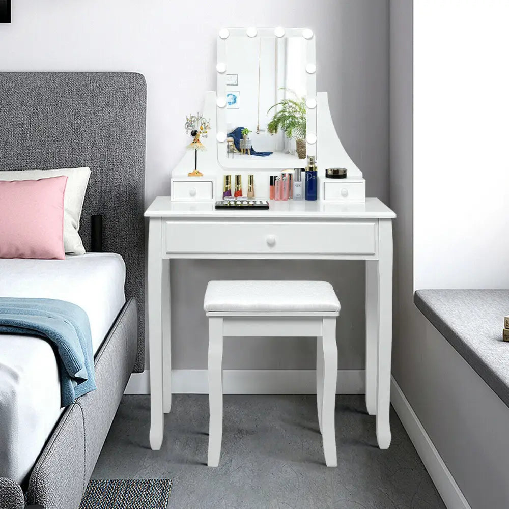 10 LED Lighted Mirror and 3 Drawers Vanity Table Set-White - White - Makeup Vanities
