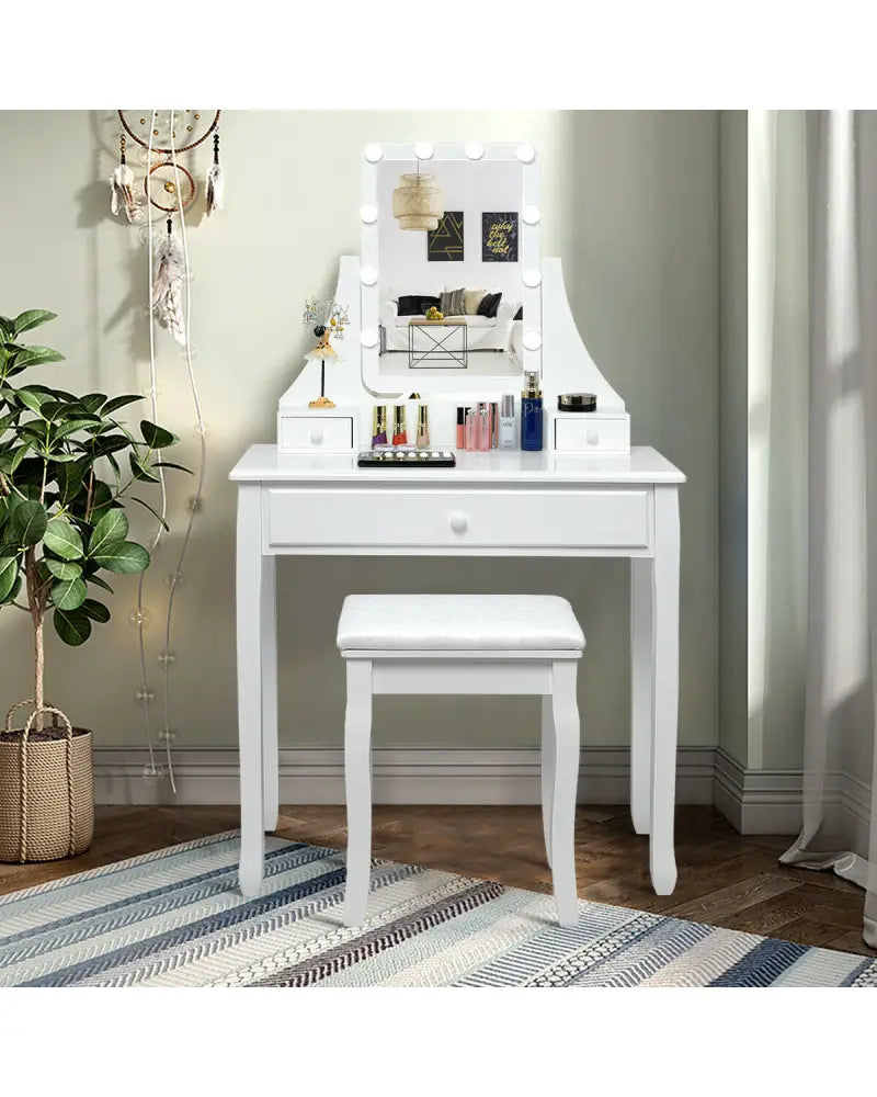 10 LED Lighted Mirror and 3 Drawers Vanity Table Set-White - White - Makeup Vanities