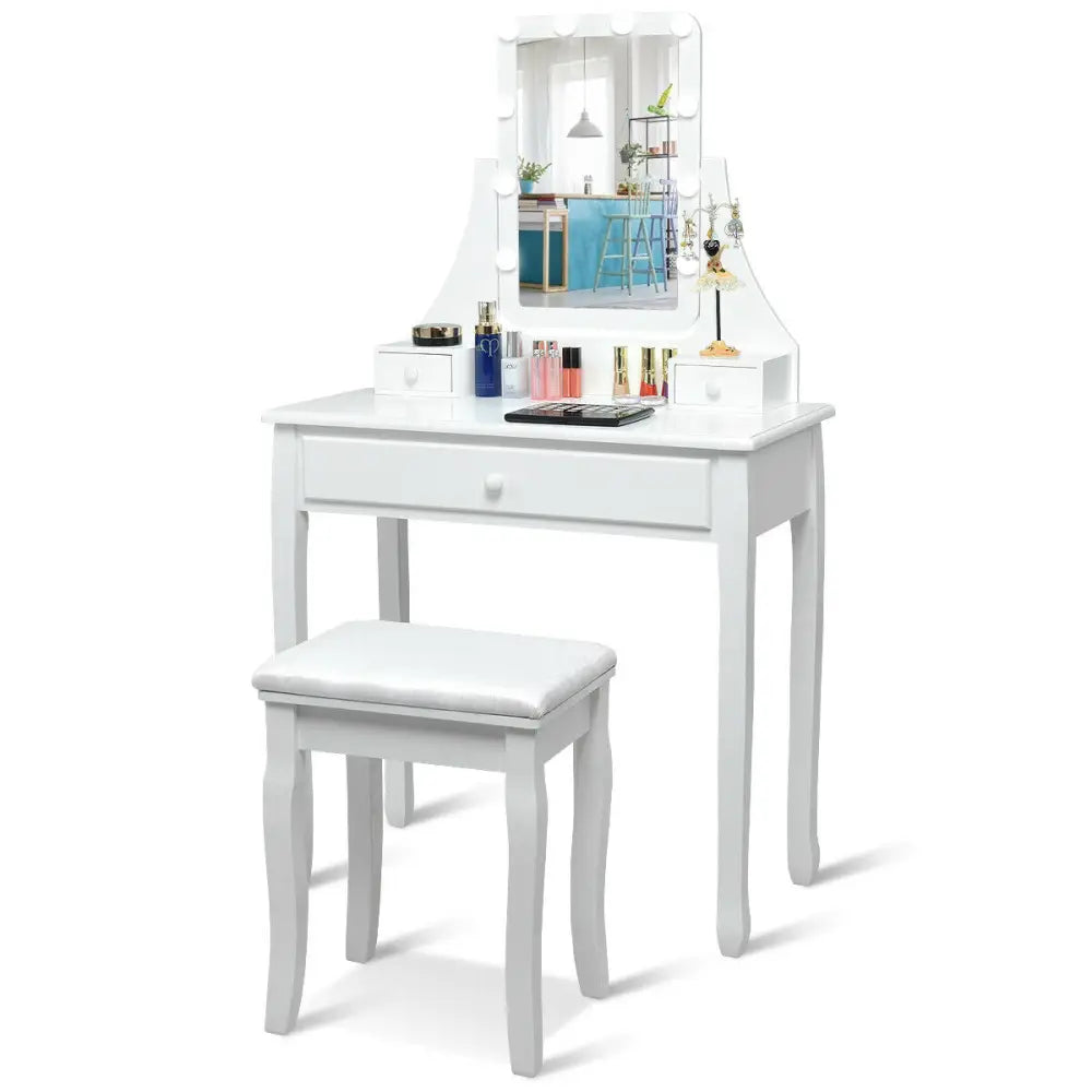 10 LED Lighted Mirror and 3 Drawers Vanity Table Set-White - White - Makeup Vanities