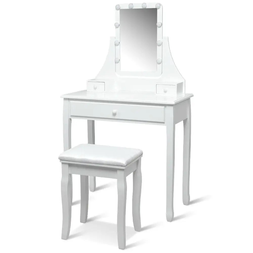 10 LED Lighted Mirror and 3 Drawers Vanity Table Set-White - White - Makeup Vanities